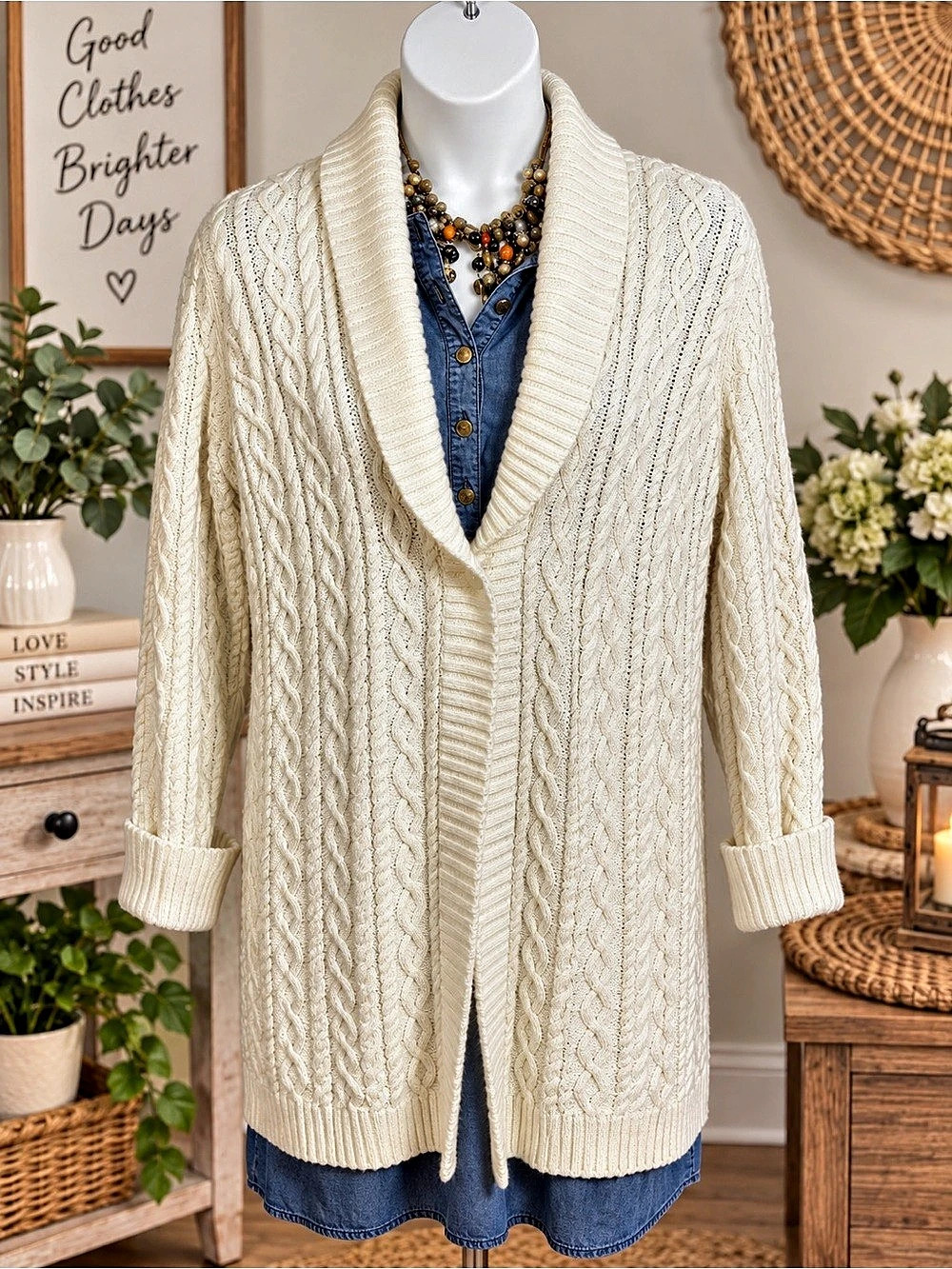 Liz Claiborne Liz & Co Ivory Cable Knit Shawl Collar Cardigan Size Large